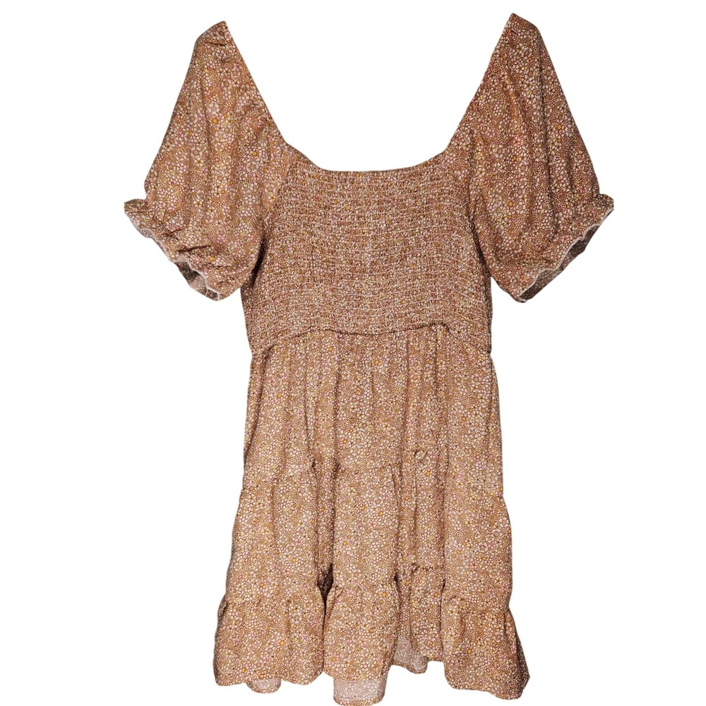 Blush Womens Tan Ditsy Floral Mini Dress Large‎ Cottagecore Smocked Puff Sleeve